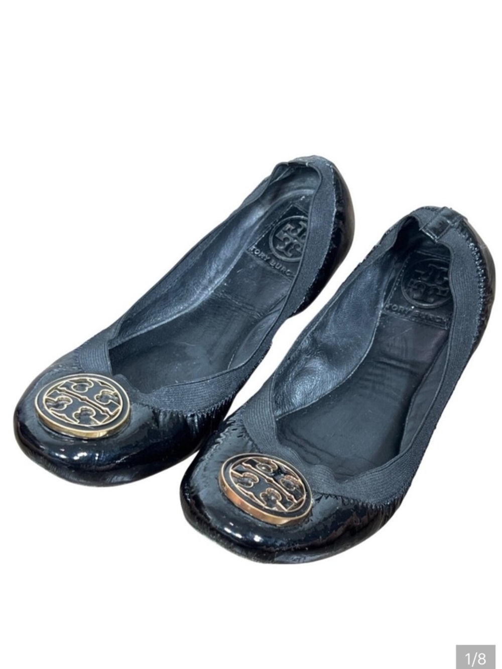 TORY BURCH Caroline Patent Leather Ballet Flats Black Gold/Black Medallion 7.5